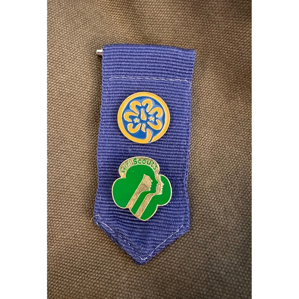 Vintage Girl Scouts Blue Insignia Tab with Enamel Trefoil Pins Set